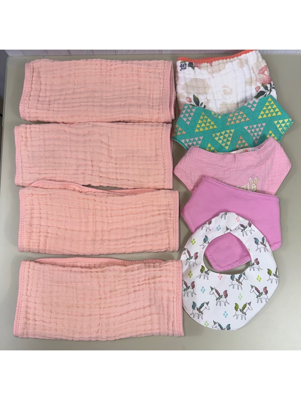 Baby Girl Bib & Burp Cloth Lot 9 Pieces Pink Muslin
